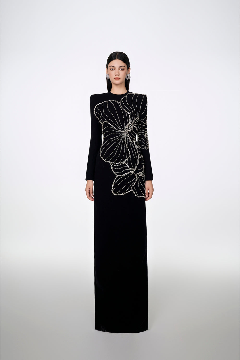 Long Sleeve Orchid Patterned Bodycon Full Dress - TRACY COUTURE